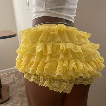 MQTIME  -  Women's Y2K Vintage Lace Patchwork Loungewear Bottoms Elastic High Waist with Bow Decor Ruffled Layered Tiered Shorts